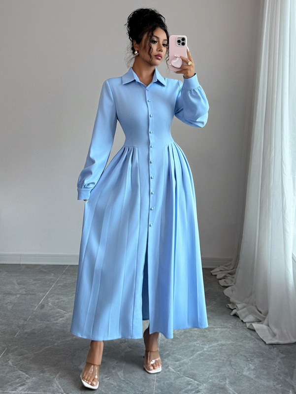 クロスボーダーヨーロッパとアメリカのシンプルでファッショナブルなボタン長袖レディースロングスカートドレス婦人服2025秋冬アマゾン独立ステーション|undefined