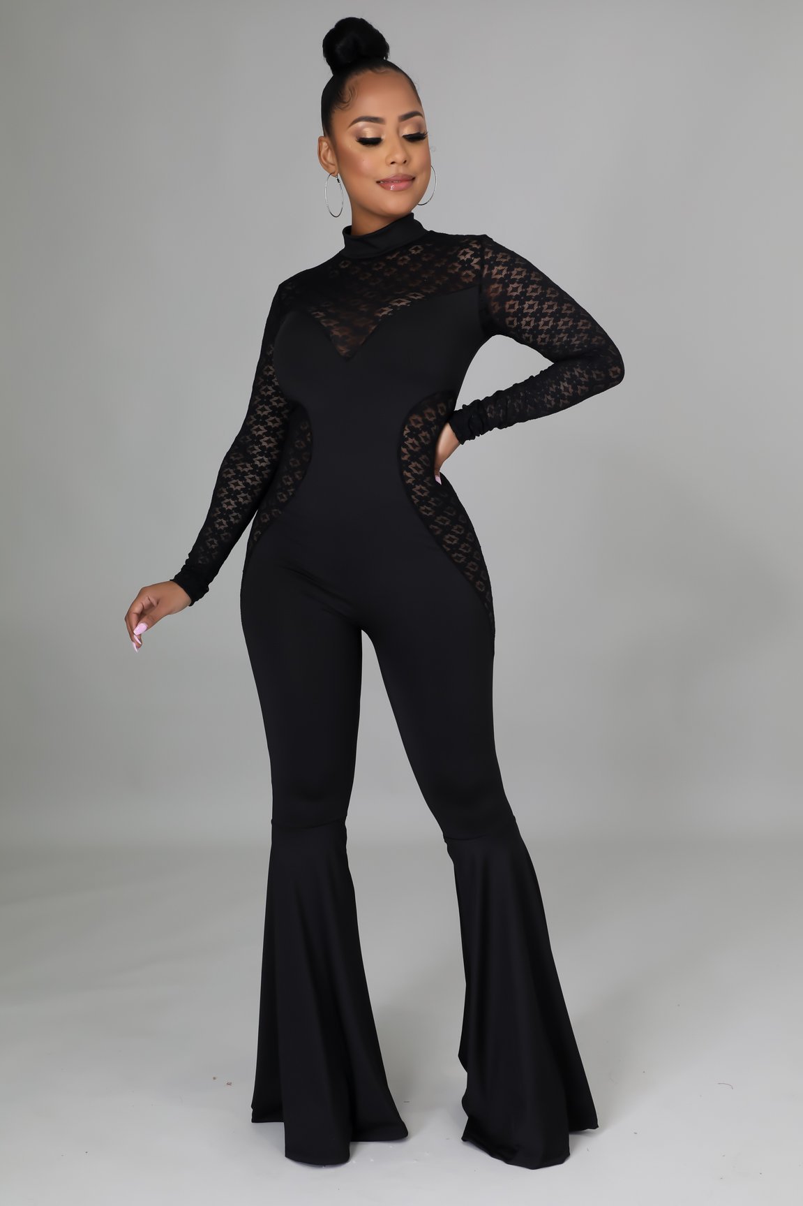 Solid Color Embroidery Lace Long-Sleeved Jumpsuit NSMRF116729