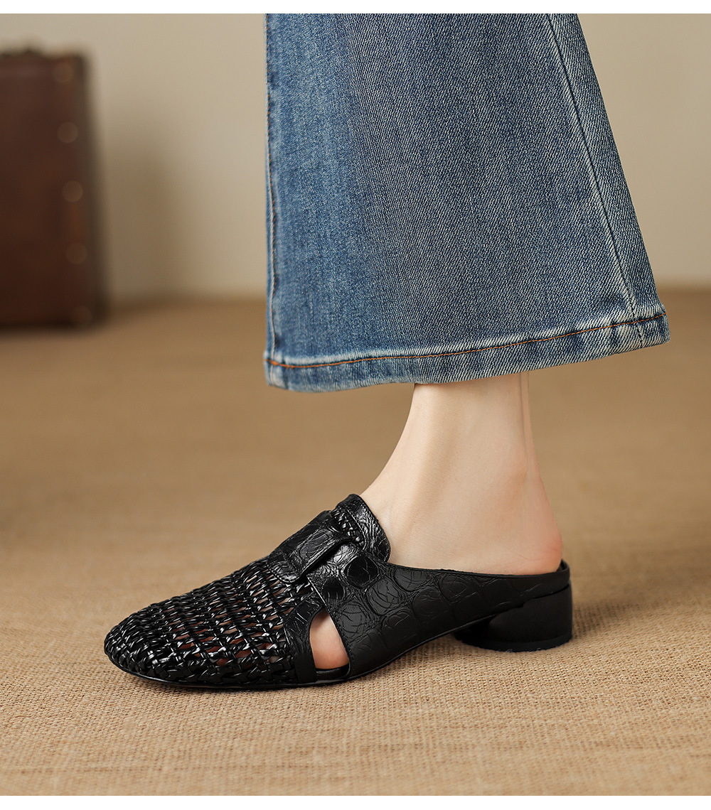 Sandal nữ quai chữ V mũi kín phong cách vintage gót thấp — đen chi tiết 19