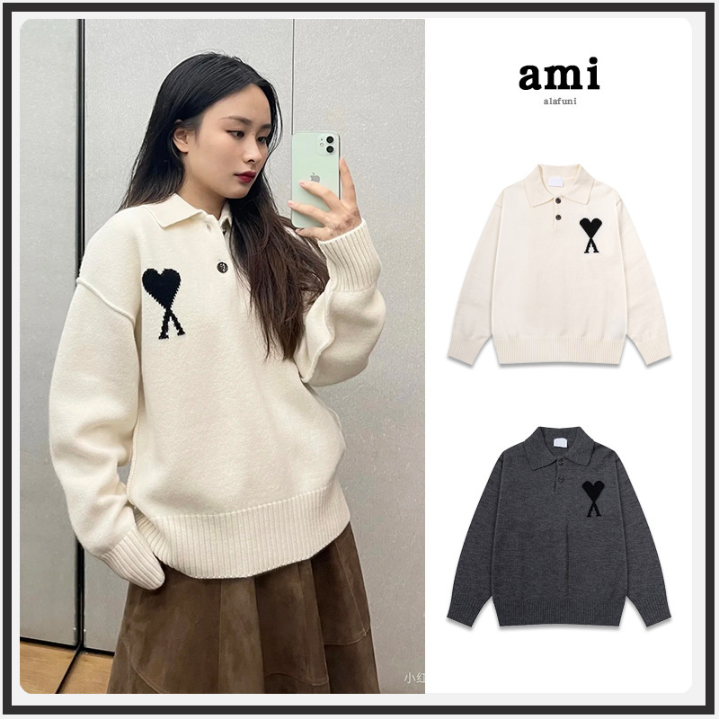 Breaking News! Ami Knit Polo Collar Cross-Border Large Heart Jacquard Loose 25Ss New Turn-Down Collar Sweater for Women