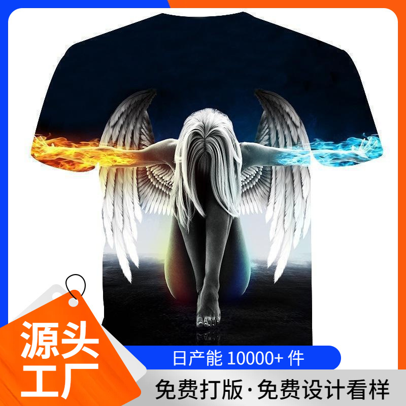 2023wish foreign trade summer new men's casual fashion round neck angel 3D digital printing short sleeve T-shirt