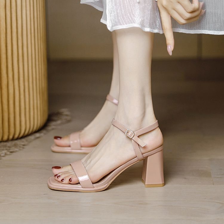 Nude Pink High-Heeled Shoes for Women, Chunky Heels, Simple and Gentle Fairy Style, Suitable for Dresses, Open-Toe Square Toe Sandals for Women, Summer