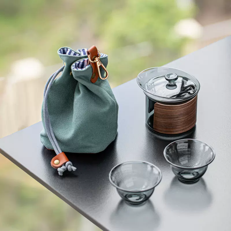 飞行手抓玻璃茶壶旅行茶具套装户外便携式高硼硅快客杯一壶两杯