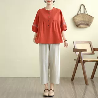 棉上衣女开扣圆领宽松衬衫女春夏中老年衫胖妈妈大码女装民族风
