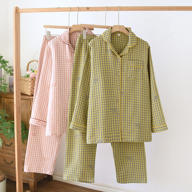 新しい綿二重糸女性シンプルな格子部屋服パジャマ長袖ズボンセット薄い春夏カジュアル