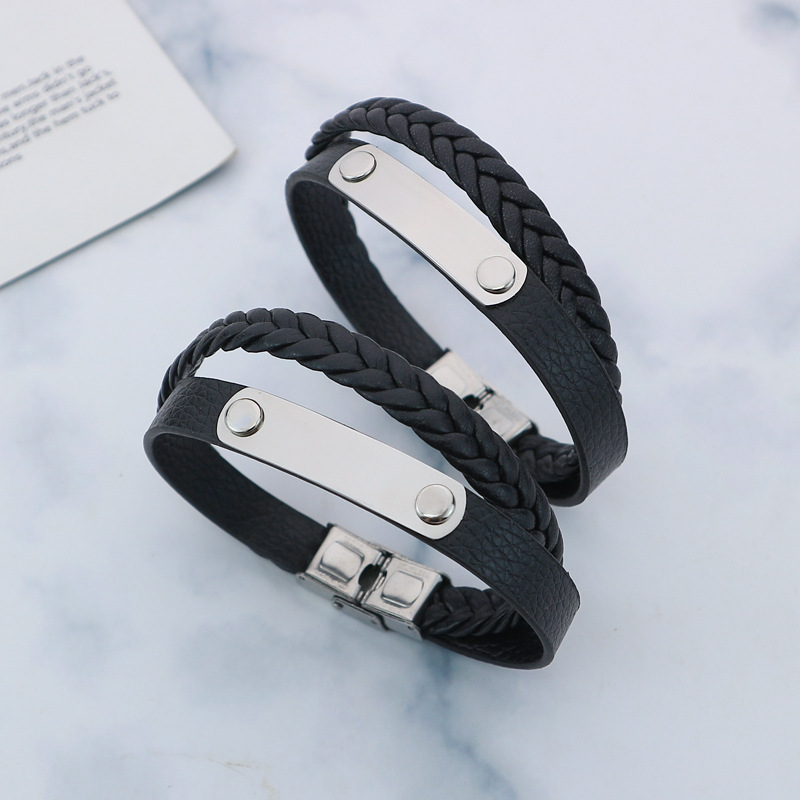 Cross-border European and American jewelry supply retro simple multi-layer woven leather bracelet stainless steel lettering men's bracelet