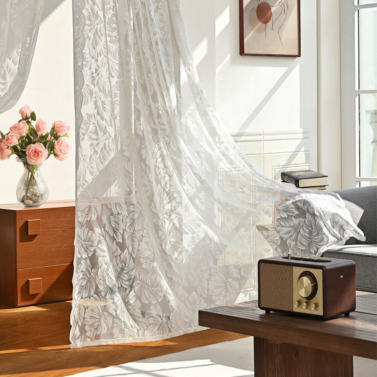 Cortina de puerta de hoja de tortuga transfronteriza de Amazon, encaje de urdimbre, cortina de pantalla de ventana de color sólido blanco, emitida por SHEIN