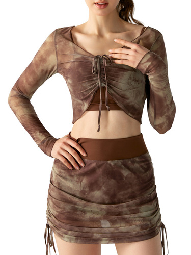 Sexy fitness top with print, mesh long-sleeved sport sweatshirt for women, loose and slimming, high-end yoga wear