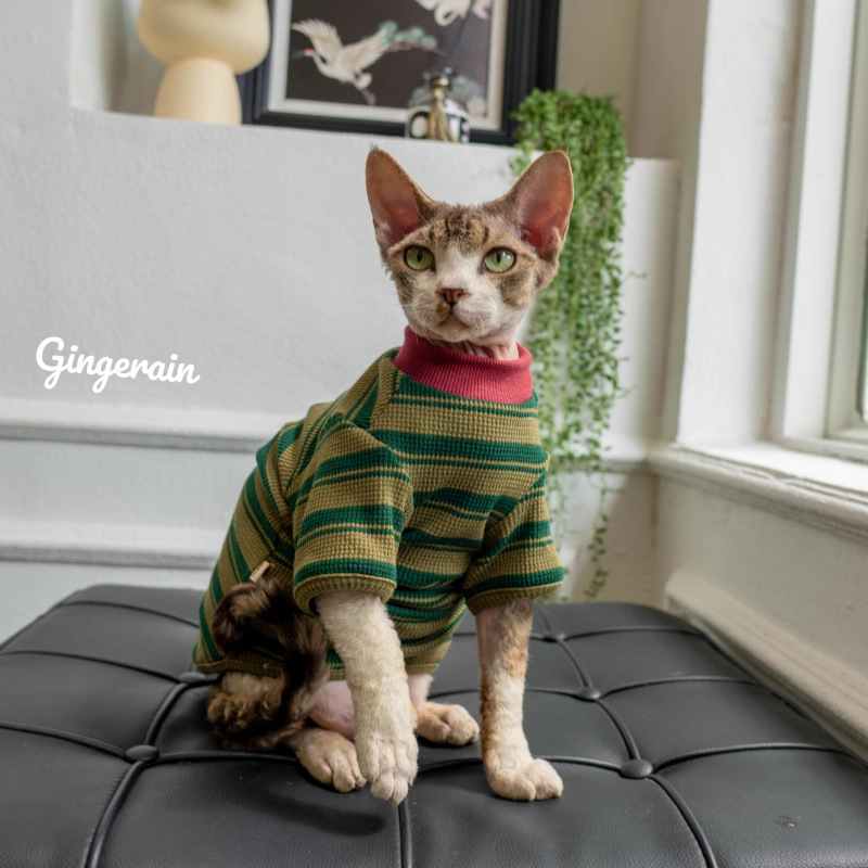 Mascotas alemanas ropa de gato primavera y otoño delgada gato muñecas gato gato sin pelo rayas camiseta de cuello redondo modelo básico