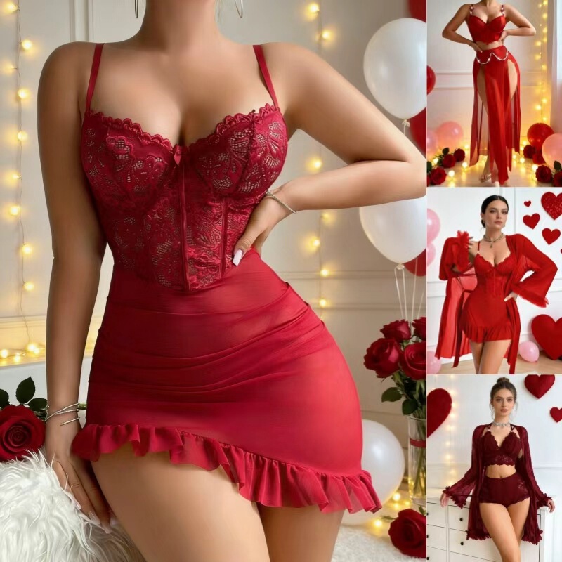 Cross-Border 2026 New Style Mesh Lace See-Through Sexy Lingerie Nightgown New Year Valentine's Day Set for Women Factory