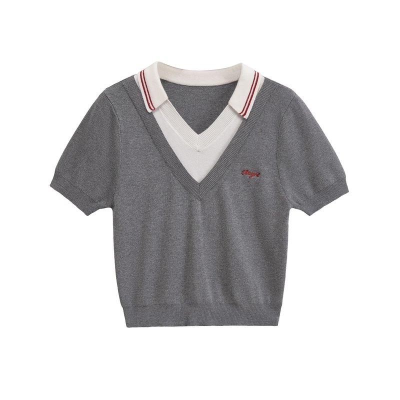 ZR 外国貿易卸売ヨーロッパとアメリカンスタイルの女性のカレッジコントラストカラーステッチ文字刺繍半袖セーター YU950116|undefined