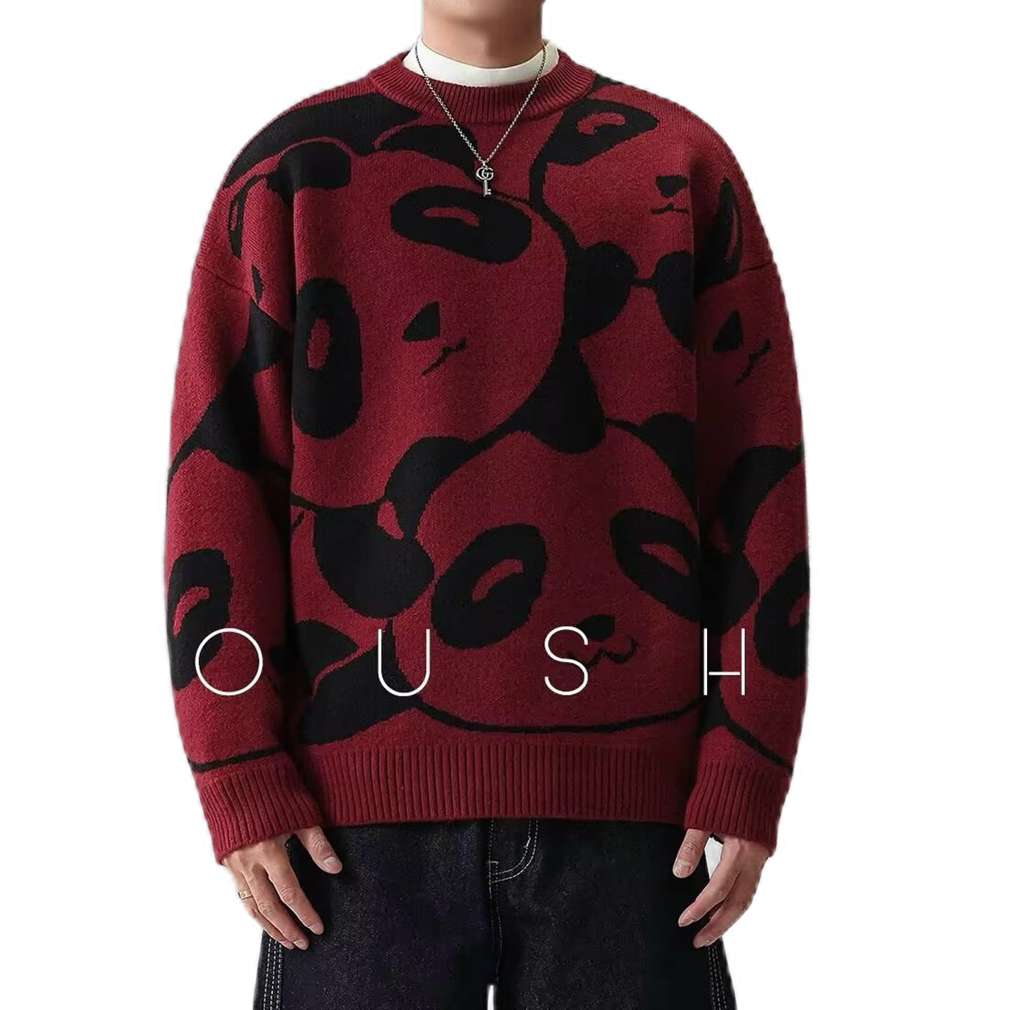 Explosiones transfronterizas de tamaño grande panda impresa Jacquard suéter de punto hombre con fábrica de suéter de otoño y invierno mayorista