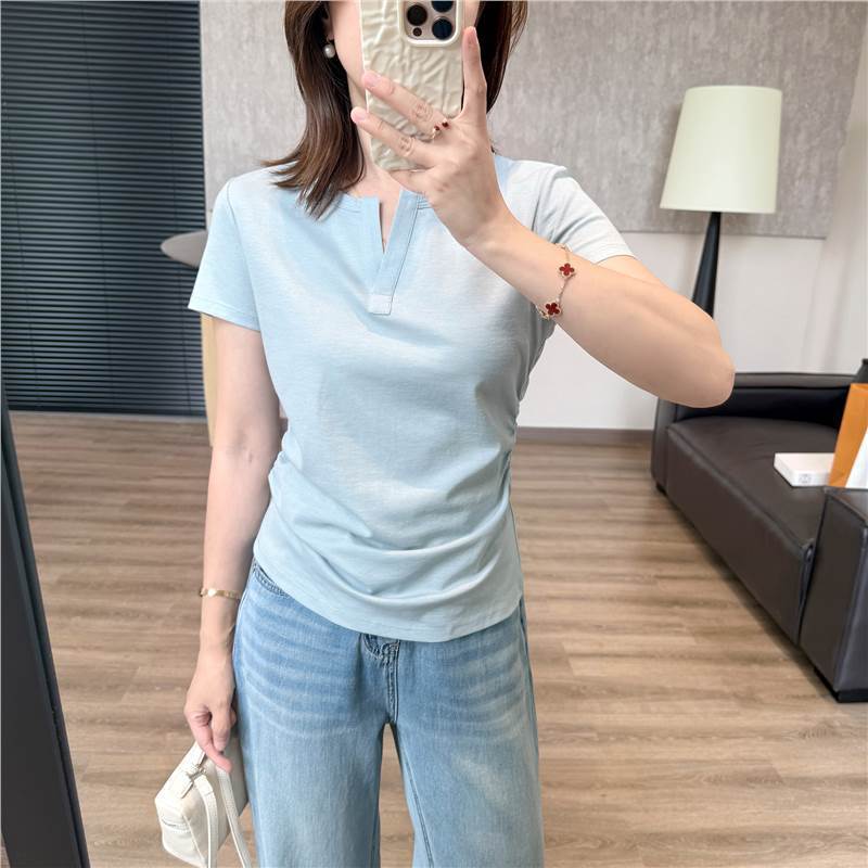 宝物Tシャツ！アセテートシルクスタックカラーTシャツ、薄くて硬い、ウエストが小さく、プリーツ、右肩痩身、半袖通気性トップ|undefined