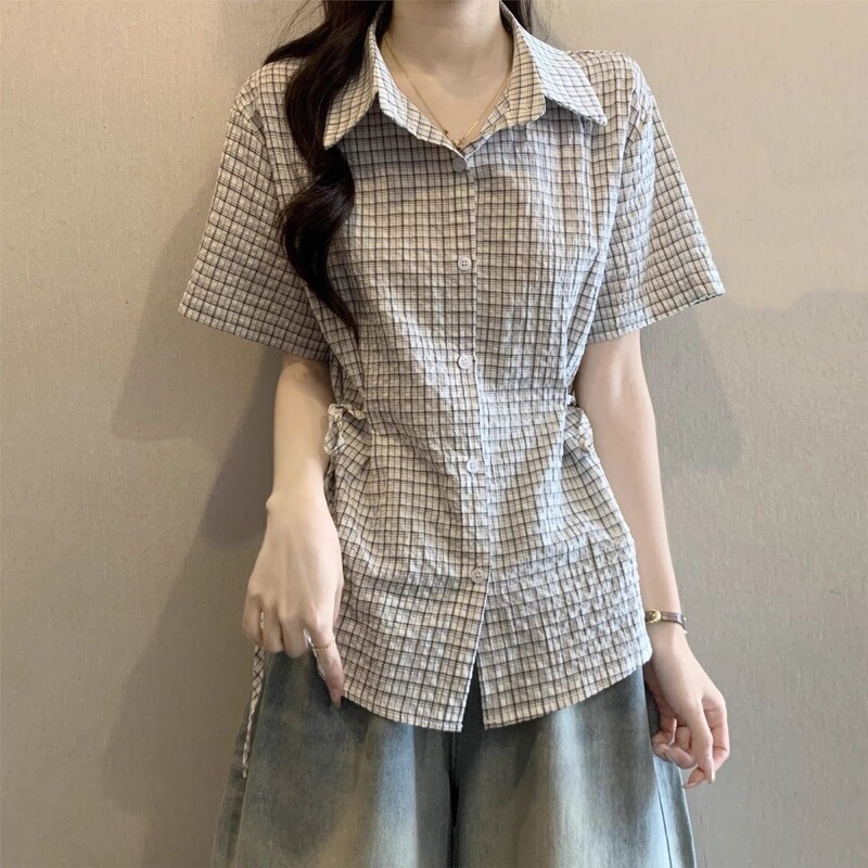 Salt-Style Plaid Short-Sleeve Shirt for Women, 2026 Spring/Summer New Style, Plus-Size, Slightly Chubby, Tie-Waist Top