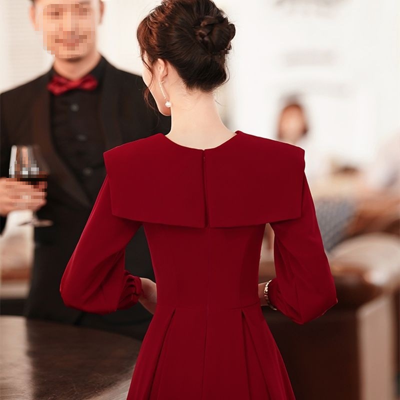 中长款女宴会订婚礼服连衣裙回门新娘长袖敬酒服结婚秋季红色裙子|undefined