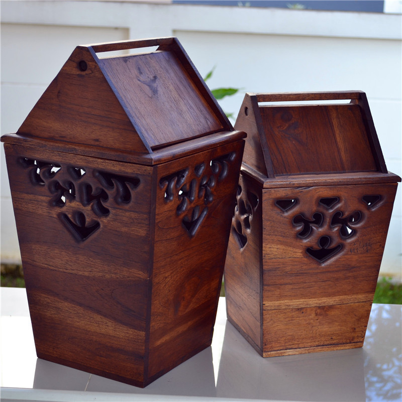 Thai Solid Wood Carved Storage Bucket for Living Room and Bedroom Flip-Top Trash Can with Lid Large and Small Creative Retro Paper Basket