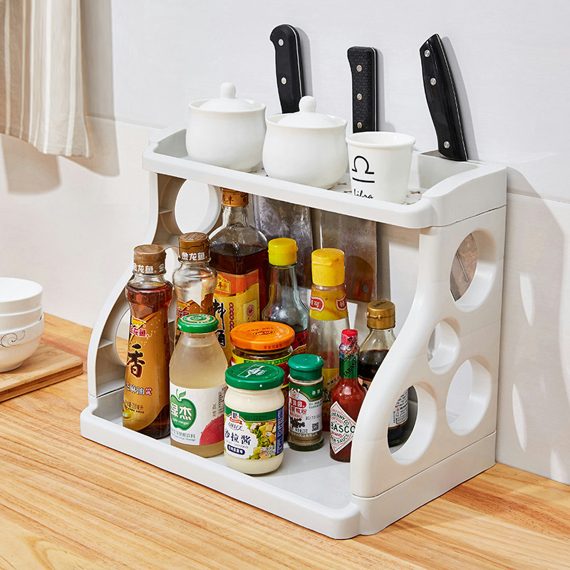 Cross-Border Double-Layer Kitchen Storage Rack Spice Storage Rack Floor-Standing Plastic Knife Rack Spice Rack Spice Rack