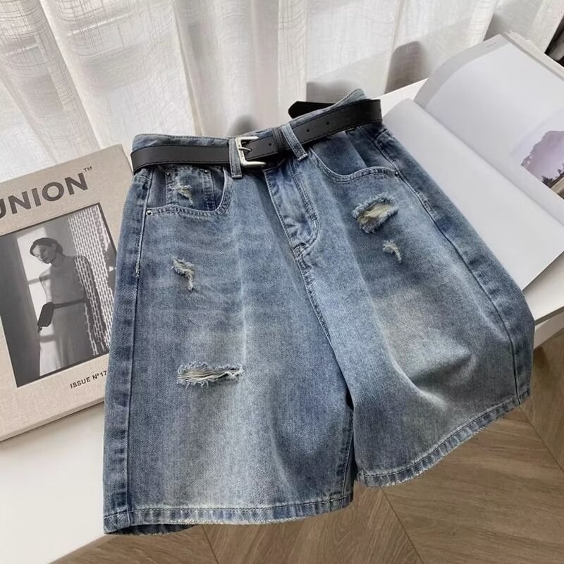 Ripped Design Denim Pants Women's 2024 Summer New plus size High Waist Loose Slimming Straight Wide Leg Pants