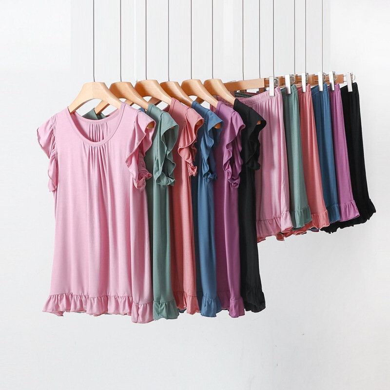 Summer Modal Women's Pajamas Sweet and Lightweight Comfortable Large Size Flying Edge Short Sleeve Shorts Loose Home Clothes Set