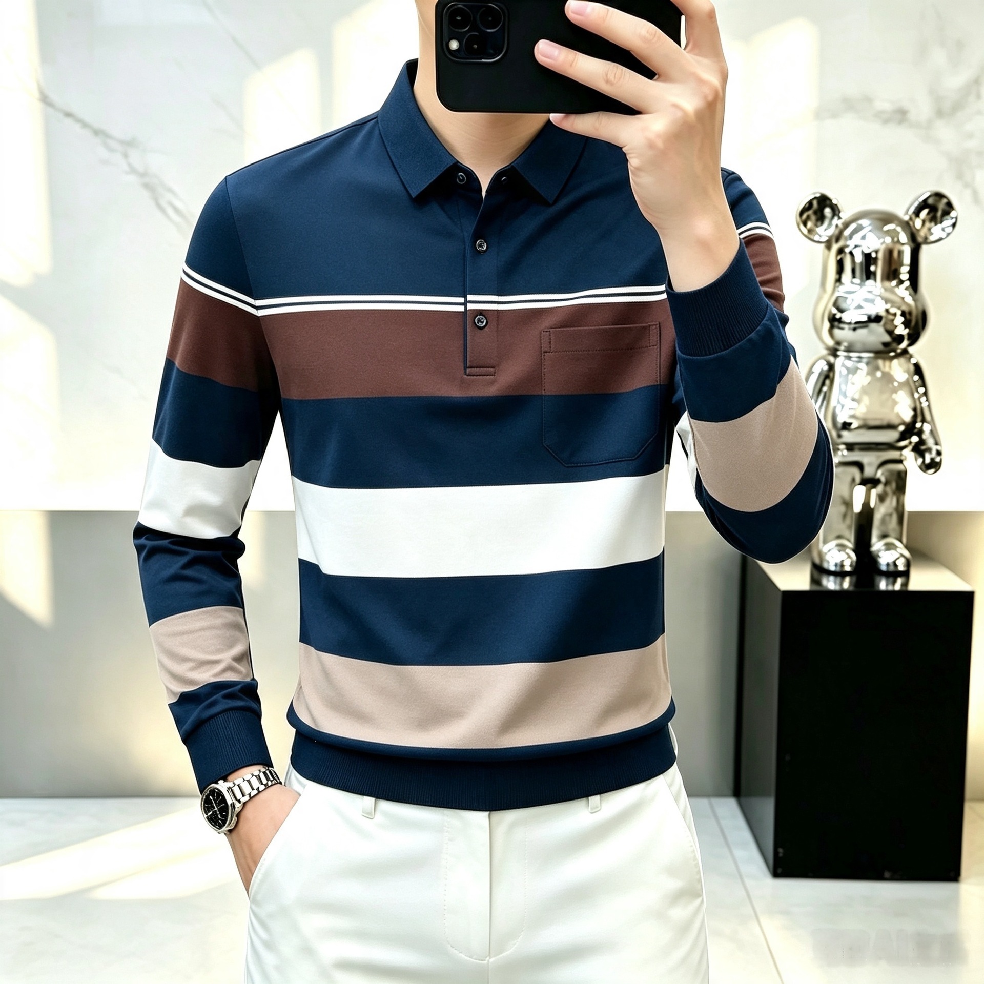 Comfortable, breathable, stylish, and simple striped long-sleeved T-shirt for middle-aged and young men, new spring and autumn style, versatile base layer.