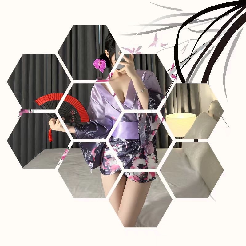 Japanese Kimono Cosplay Lingerie Set with Pink Robe and Body Stocking, Polyester, One Size — detail image 6