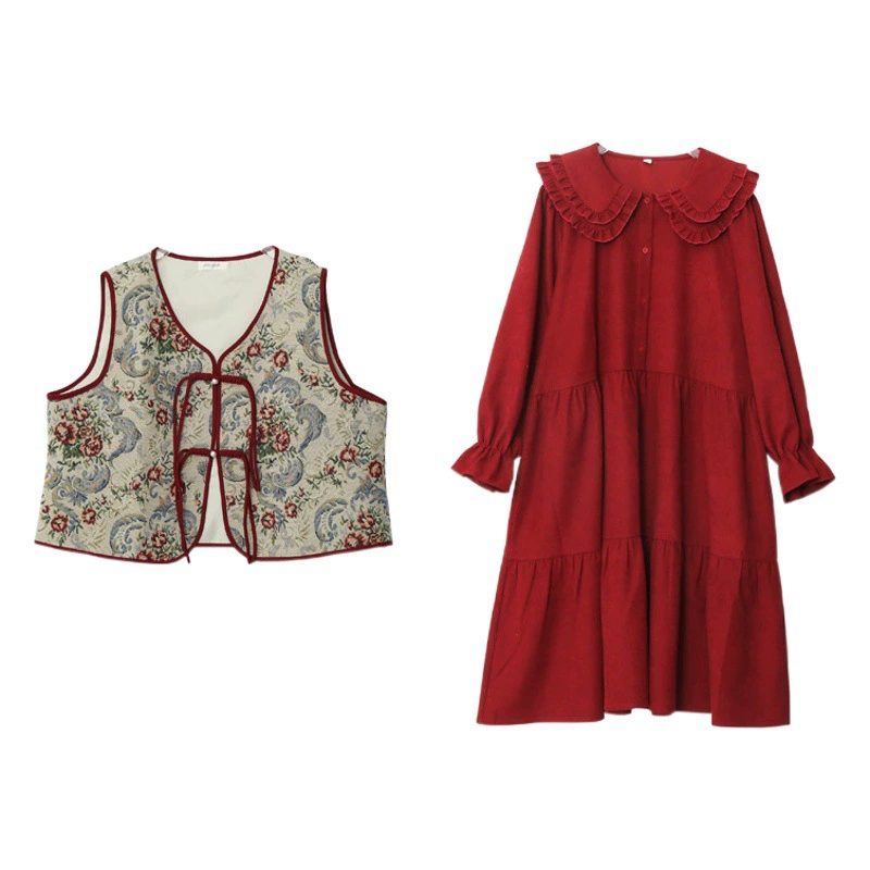 A505 Xuanchen Весна пухлые девушки китайский стиль Ретро Модифицированная кукла воротник платье жилет костюм из двух частей комплект для женщин