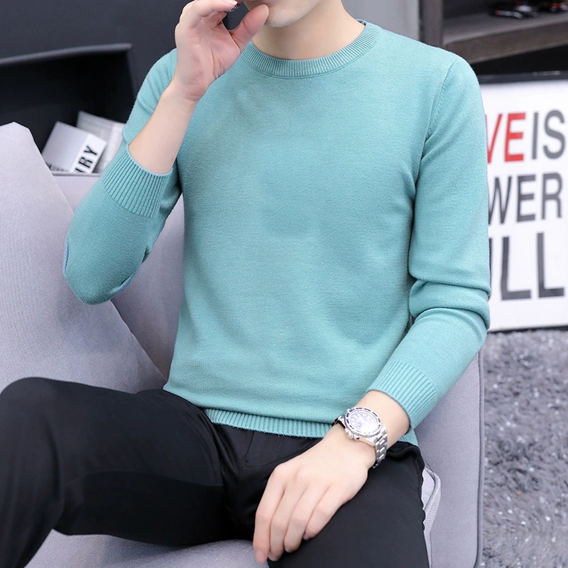 Сплошной цвет пуловер с круглым вырезом мужской осенний и зимний новый мужской корейский тонкий дикий нижний трикотаж
