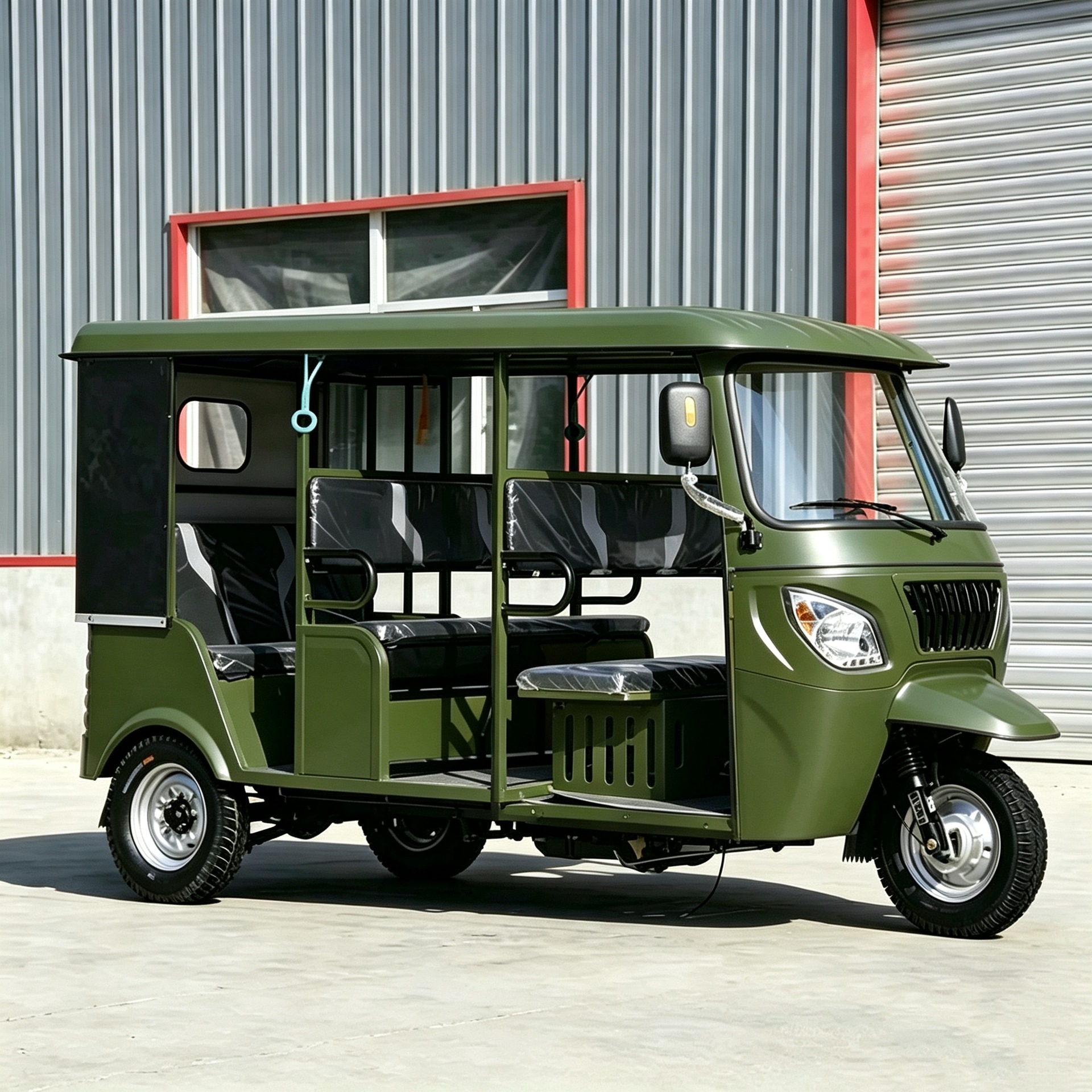 New matte military green three-wheeled passenger motorcycle for foreign trade export, large-capacity sightseeing vehicle for rural and urban passenger transport