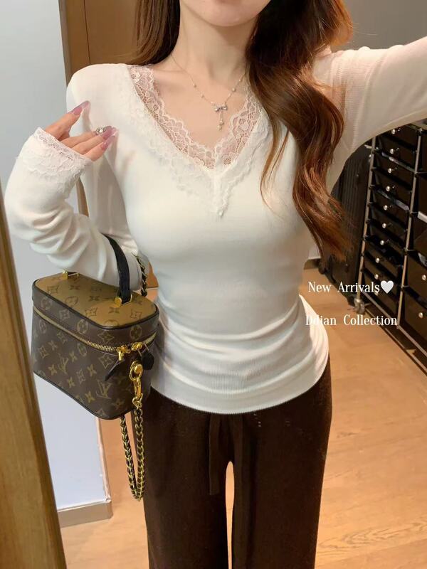 【1*1 Threaded De Rong Fabric 240G】Lace V-Neck Soft and Smooth Base Layer Women's Autumn and Winter Inner T-Shirt