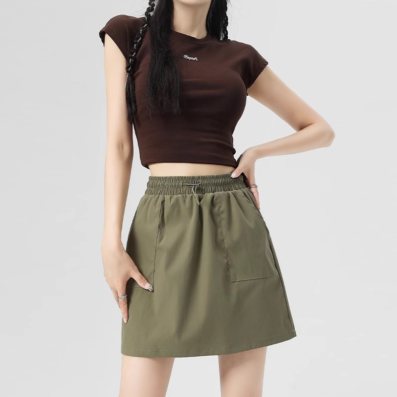 Plus Size Pure Color Lined American Workwear Skirt for Women Spring and Summer High Waist A-Line Hip-Covering Half-Length Sports Skirt