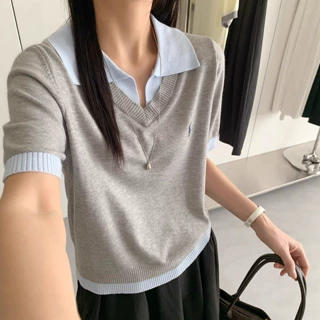 韩系polo领短袖显瘦上衣女装2026夏季新款宽松百搭小马刺绣针织衫
