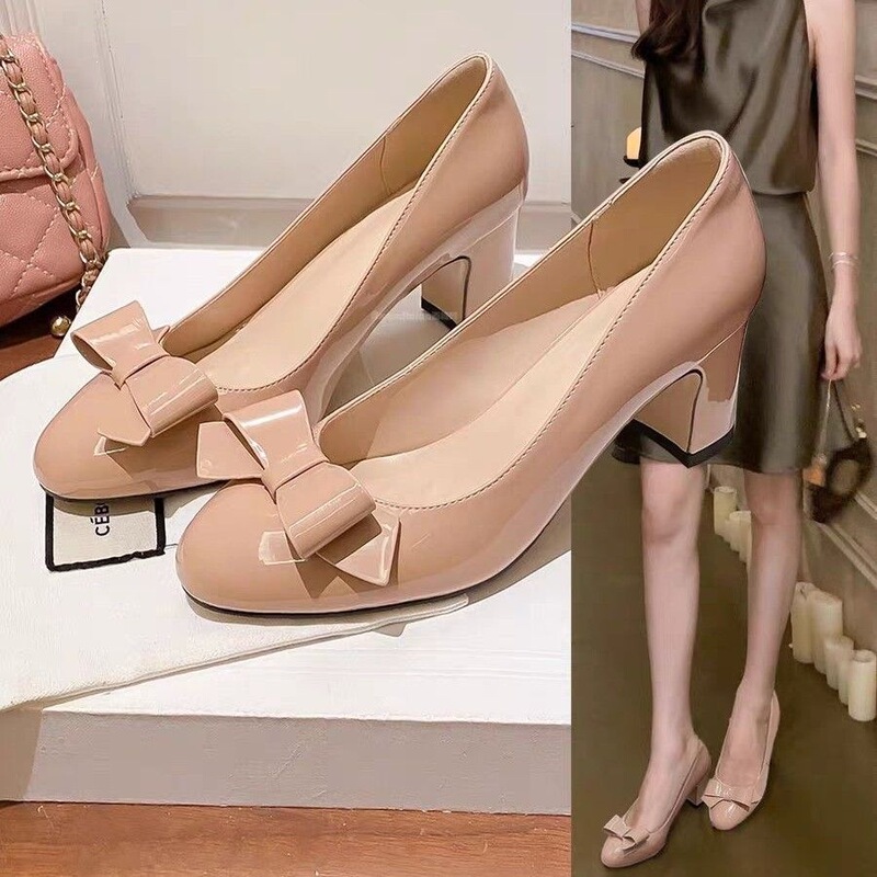 2025 Summer Comfortable Nude High Heels for Women, Chunky Heel Versatile French Round Toe Bowknot Elegant Shallow Single Shoes for Women 2025 Summer Comfortable Nude High Heels for Women, Chunky Heel Versatile French Round Toe Bowknot Elegant Shallow Single Shoes for Women