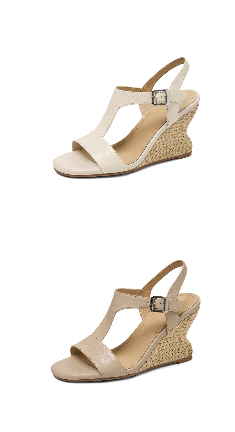 Sandal cao gót nữ quai chữ T đế xuồng đan rơm, hở mũi, gót 9 cm — màu trắng ngà, màu mơ chi tiết 17