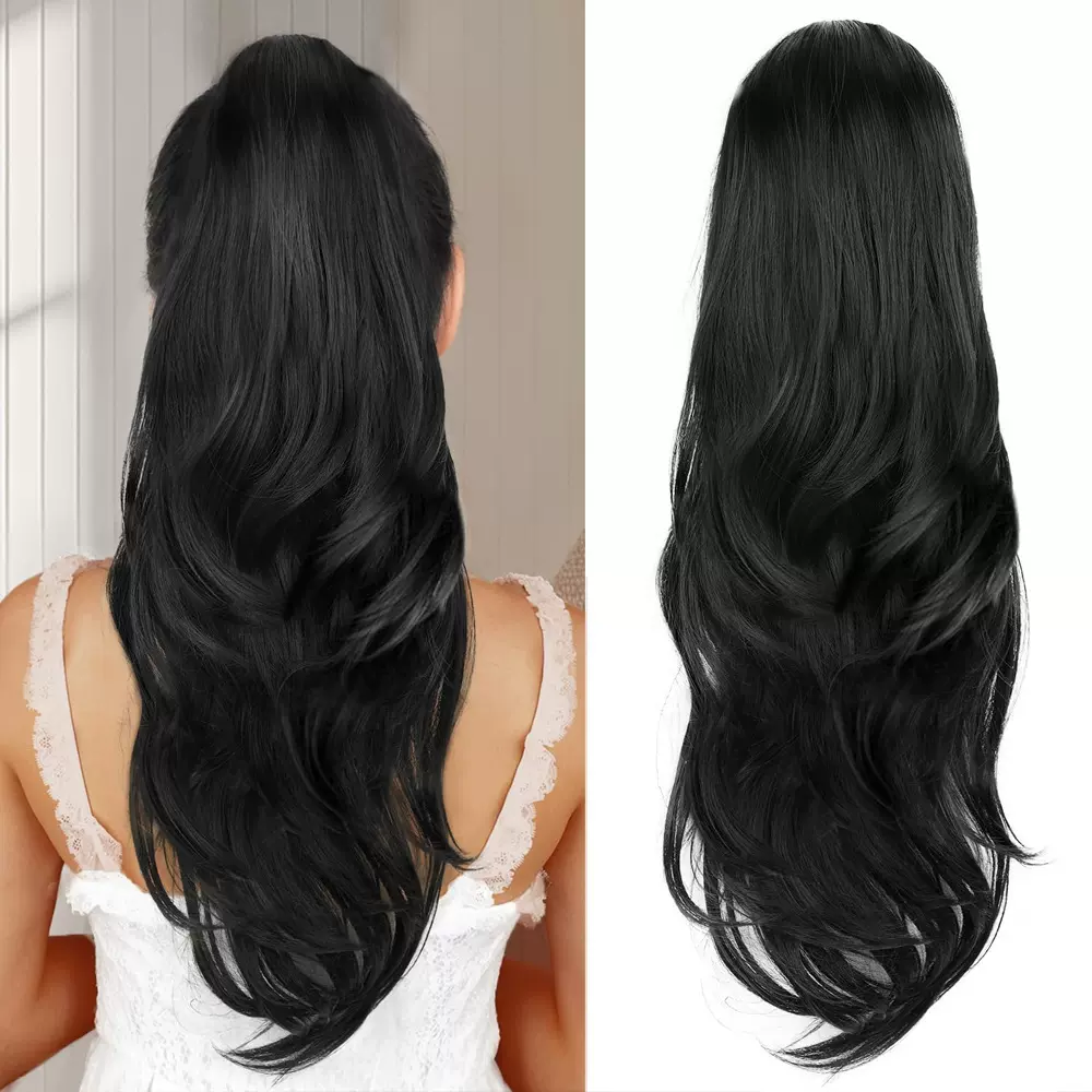 欧美跨境弹力网假发辫ponytail大波浪层次假发长卷发两层抽绳马尾