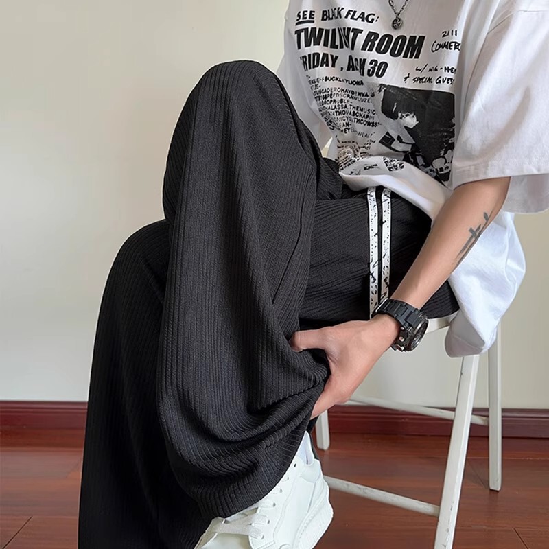 Men's Casual Pants with Fine Stripes Texture, Spring and Autumn Trendy Brand, Drapey Lazy Style, Loose Straight-Leg Casual Pants