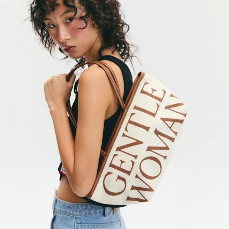 GentleWoman ファッションレターコントラストキャンバスバッグ 2025 新しい野菜バスケット多用途ママショルダーバッグ|undefined