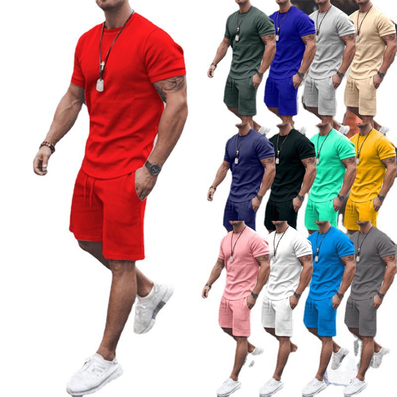 Cross-Border Export Summer European and American Cross-Border Casual Youth Thin Round Neck Short-Sleeved T-Shirt Casual Sports Suit for Men