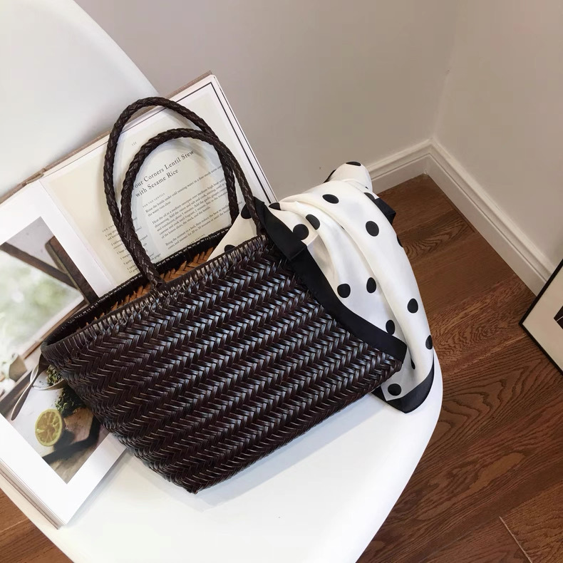 Yijinyuan French Style Basket Bag Cowhide Hand-Woven Leather Handbag For Women, Niche Genuine Leather Beach Vacation Tote - Thumbnail 8