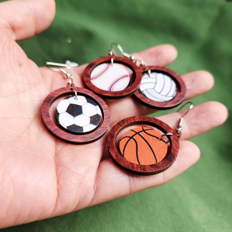 1 Pair Fashion Basketball Football Wood Printing Football World Cup Women's Drop Earrings display picture 3