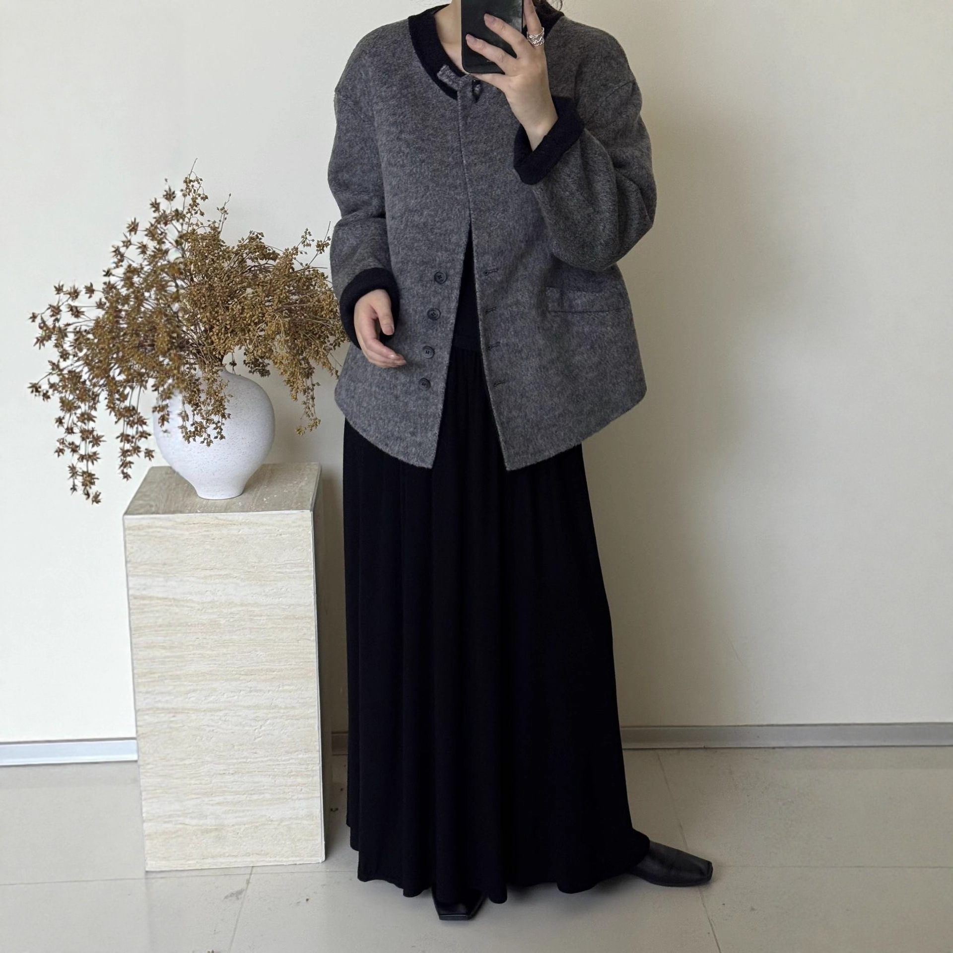 秋冬拼色圆领小个子短款羊毛呢外套女手工双面羊毛大衣韩系风