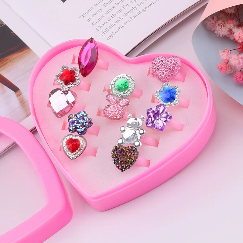 Children's Ring Set, multi-piece cartoon princess jewelry with gems, assorted boxes