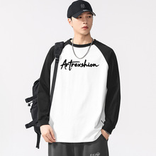 F1259|大码男装秋季新品260G重磅拼色上衣宽松插肩印花长袖T恤男