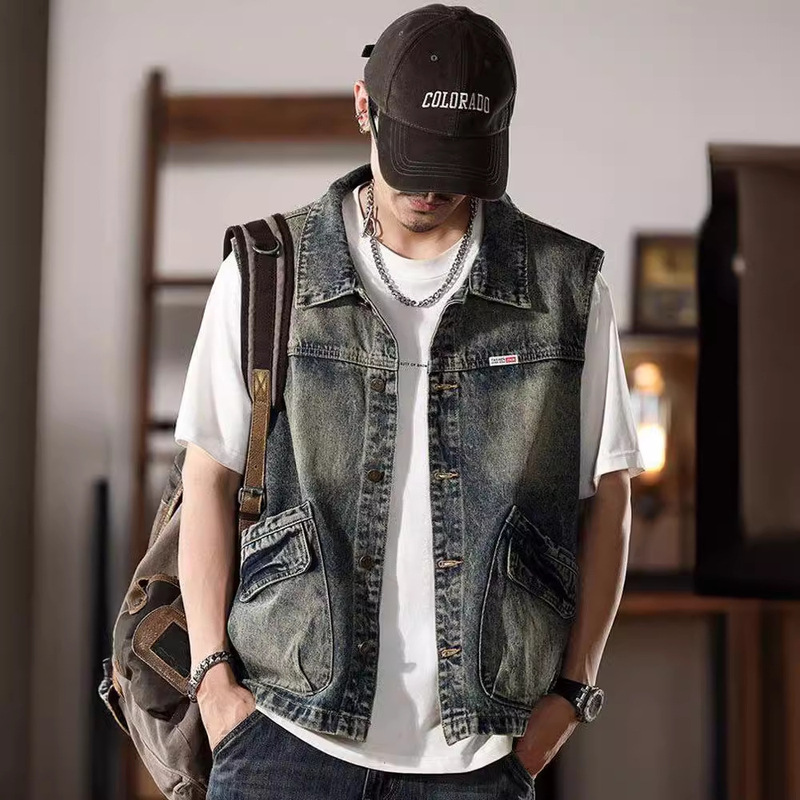 Spring Denim Vest Men's Retro Nostalgic Large Size Sleeveless Vest Vest Workwear Large Flap Pocket Pants Vest Jacket Trendy