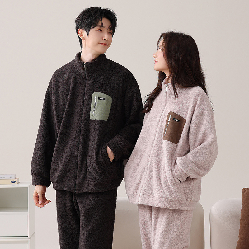 [Designer Series] Couple's Lamb Fleece Pajamas Women's Winter Thickened Coral Fleece Outerwear Home Clothes Men's Suit