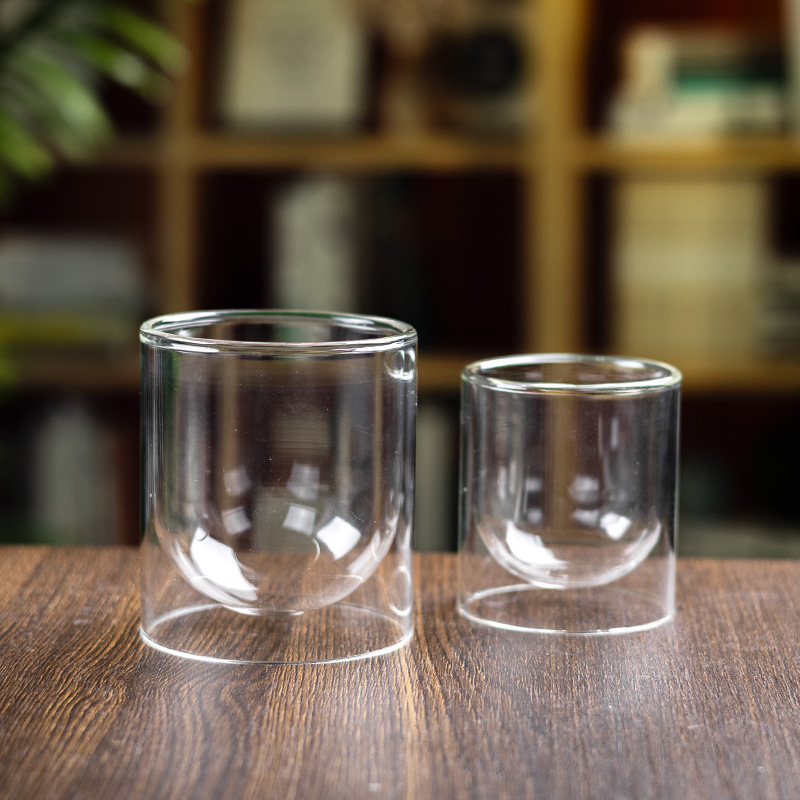 Taza de vidrio de doble capa de alta temperatura de alta borosilicona de vidrio de doble capa de vela de vela de doble capa de taza de té a prueba de quemaduras mayorista