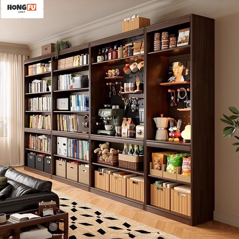 Solid Wood Bookshelf and Storage Rack, Floor-Standing, Living Room-Style Storage and Organization, Walnut Color, Integrated Wall-To-Wall Bookcase