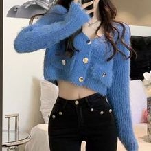 甜美风仿水貂绒宽松短款针织开衫女25年秋冬软糯毛衣外套显瘦上衣