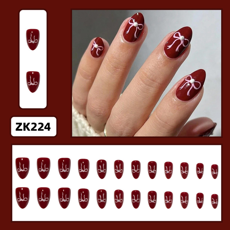 Burgundy Solid Color Simple Ins Nail Art Valentine's Day Bow Dot Diamond Wearable Almond Nail Art Wholesale Burgundy Solid Color Simple Ins Nail Art Valentine's Day Bow Dot Diamond Wearable Almond Nail Art Wholesale