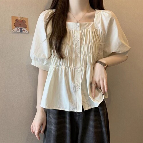 Korean style gentle style bubble sleeve wrinkled shirt for women 2025 new summer short slimming top, foreign style and meat cover