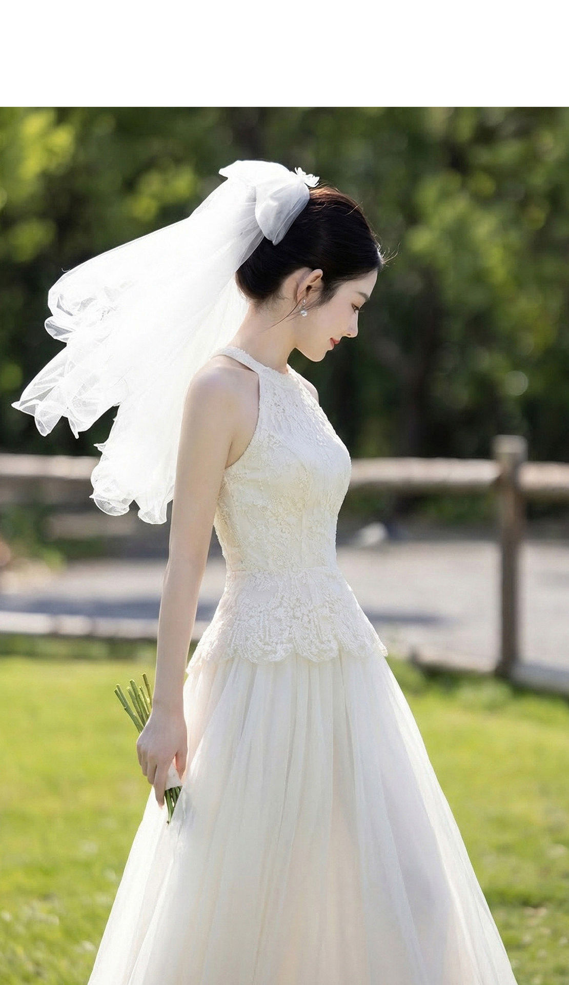 Đầm trắng dáng suông midi cổ yếm tay không – váy cưới đơn giản đi đăng ký kết hôn mùa hè — Trắng chi tiết 17